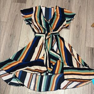 Cupshe NWT S V NECK RUFFLE SLEEVE Striped Multicolor faux Wrap hi/low dress